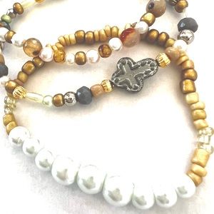 Seed beads cross and pearl stack of 3 bracelets